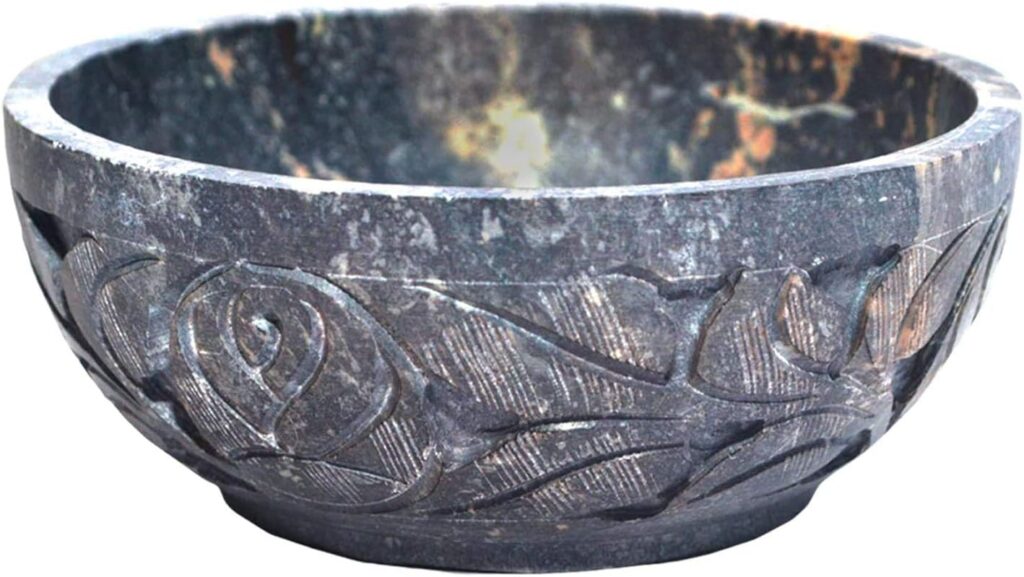 Marble Soapstone Natural Smudge Pot | Stone Bowl | Scrying And Smudge Bowl (Scrying – Bowls & Mirrors) (5 Inch) From India. Handmade Leaf Carved Design.