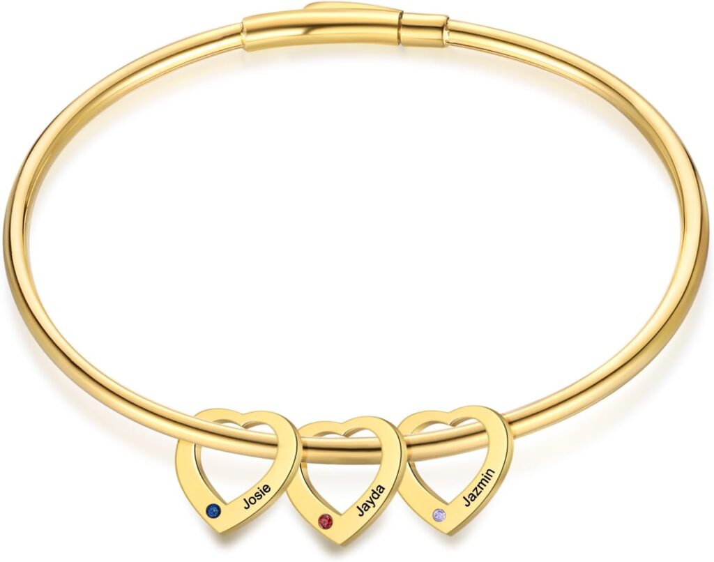 Personalized Birthstone Bracelet for Women – Custom Engraved Gold Bangle with Heart Charm, 2-6 Names Jewelry – Unique Gift for Mom, Grandma, Bridesmaid, Mother Daughter, Christmas & Birthday