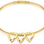Personalized Birthstone Bracelet for Women – Custom Engraved Gold Bangle with Heart Charm, 2-6 Names Jewelry – Unique Gift for Mom, Grandma, Bridesmaid, Mother Daughter, Christmas & Birthday