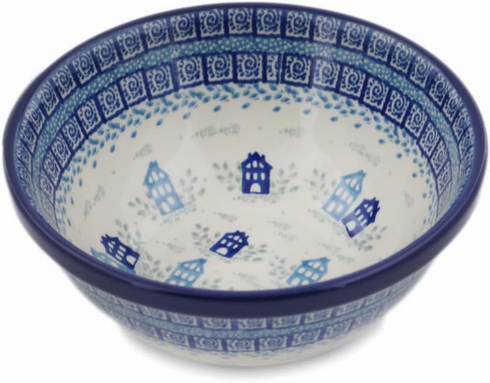 Authentic Polish Pottery Bowl 6-inch in Blue Town Design Handmade in Bolesławiec Poland by Ceramika Artystyczna + Certificate of Authenticity