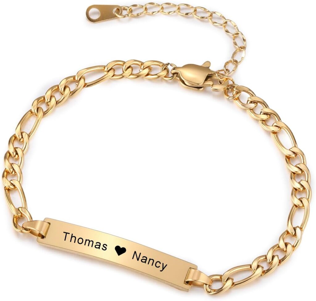 INBLUE Personalized Customized Bar Bracelets Engraved Name for Women Girlfriend with Adjustable Chain Heart Charm Stainless Steel Jewelry Bridesmaid Gifts