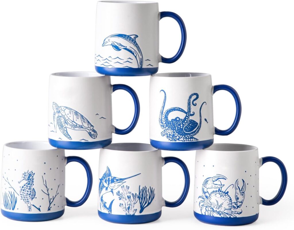 AmorArc Large Coffee Mugs Set of 6, 18oz Ceramic Coffee Cups with Sea Life Textured Patterns for Tea Latte Cocoa. Easy to Hold&Clean, Dishwasher&Microwave Safe, Matt White