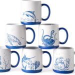 AmorArc Large Coffee Mugs Set of 6, 18oz Ceramic Coffee Cups with Sea Life Textured Patterns for Tea Latte Cocoa. Easy to Hold&Clean, Dishwasher&Microwave Safe, Matt White