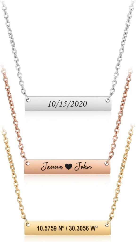 Personalized bar necklace for women, custom engraved stainless steel name plate necklace gift gold, silver and rose gold for mothers day, coordinates, dates, roman numeral, friendship, christmas