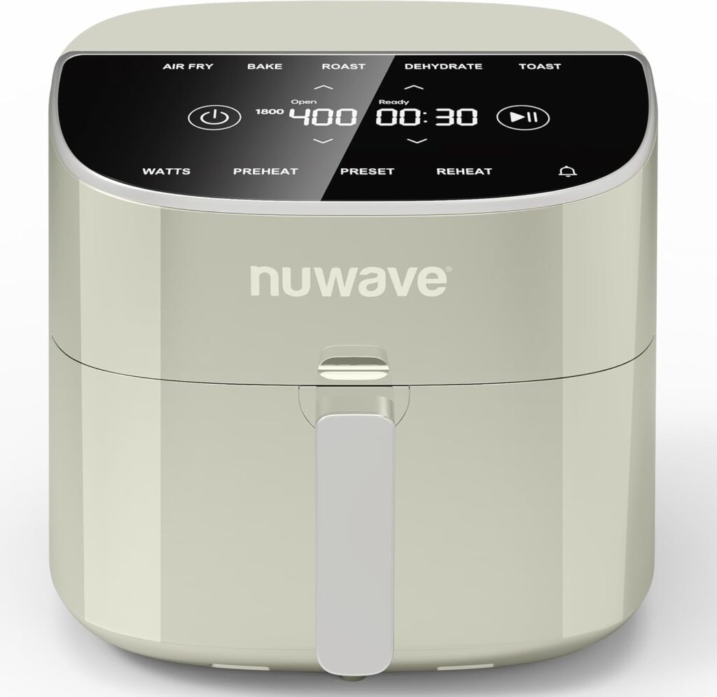 Nuwave Brio Plus 8 Qt Air Fryer, PFAS Free, New & Improved, Digital Touch Screen, Cool White Display, 50°F~400°F in Precise 5°, 5 Cook Functions, 100 Presets & 50 Memory, 3 Wattages 700, 1500, 1800