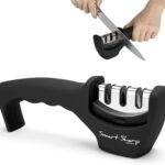 Lantana Knife Sharpener ‘Smart Sharp’ – Professional 3 Stage Manual Sharpener for Sharpening Kitchen Knives – Ceramic Stone, Tungsten Carbide Plates, Diamond rods. Ergonomic Design, Black/Chrome
