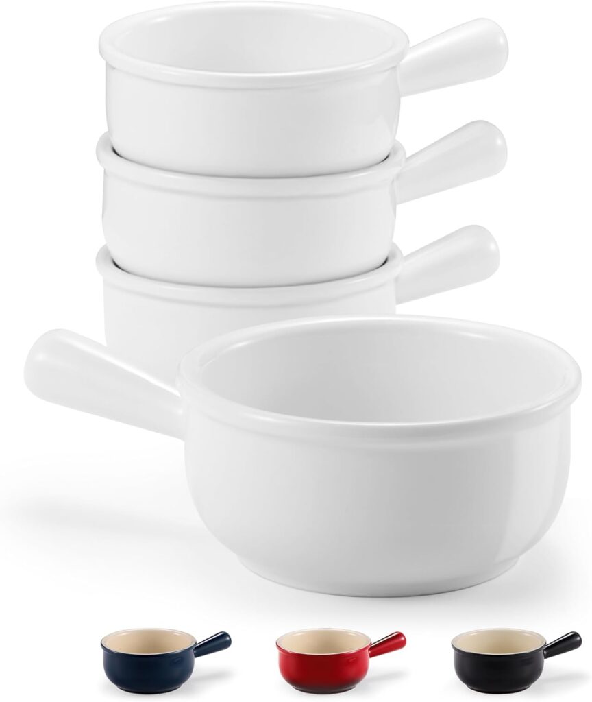 KooK French Onion Soup Bowls, French Onion Soup Crocks, Soup Bowl with Handles, 15 oz, Set of 4, Ceramic Bowls, Microwave, Dishwasher Safe & Oven safe, Stoneware,(White)