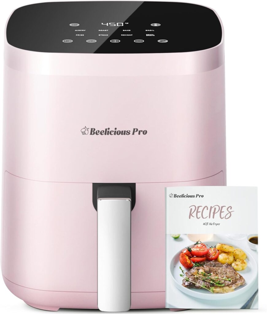 Air Fryer, Beelicious 8-in-1 Smart Compact 4QT Air Fryers, Shake Reminder,450°F Digital Airfryer with Flavor-Lock Tech, Tempered Glass Display, Dishwasher-Safe & Nonstick, Fit for 1-3 People, Pink