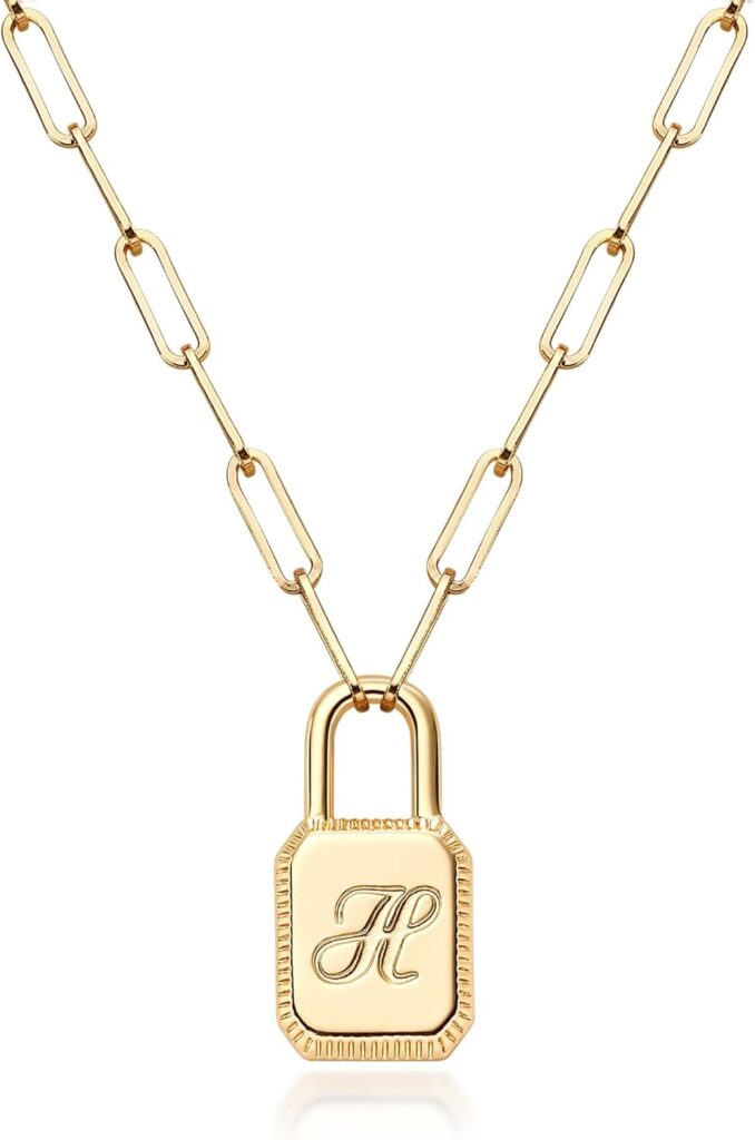 Initial Lock Necklace For Women 14K Gold Plated Dainty Paperclip Padlock Pendant Necklaces Personalized Letter A-Z Jewelry