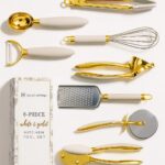 White & Gold Cooking Utensils Set – Luxe 8-Piece Kitchen Gadget Set Includes Can Opener, Tongs and Garlic Press – Stylish White and Gold Kitchen Accessories for Modern Kitchens, Ideal for Gifting