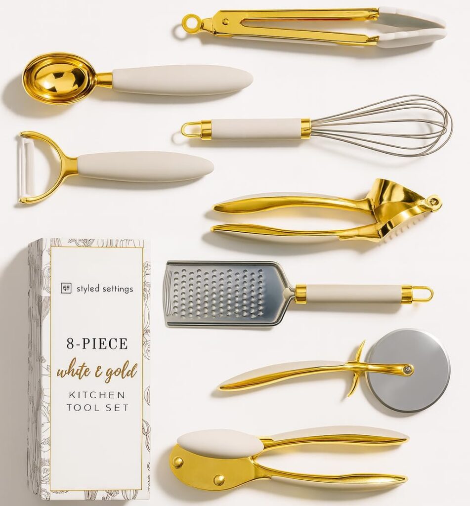 White & Gold Cooking Utensils Set – Luxe 8-Piece Kitchen Gadget Set Includes Can Opener, Tongs and Garlic Press – Stylish White and Gold Kitchen Accessories for Modern Kitchens, Ideal for Gifting