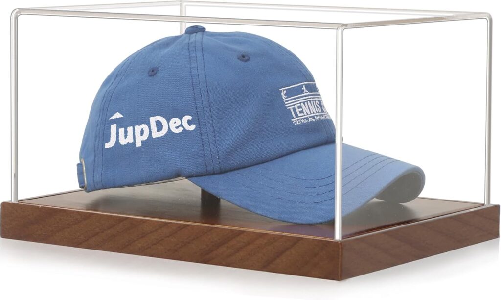JupDec Hat Display Case, Clear Acrylic Baseball Cap Display Box Stand, UV Protection Signed Hat Transparent Showcase with Solid Wood Base Risers & Hat Shaper, Ideal Gift for Caps Collector