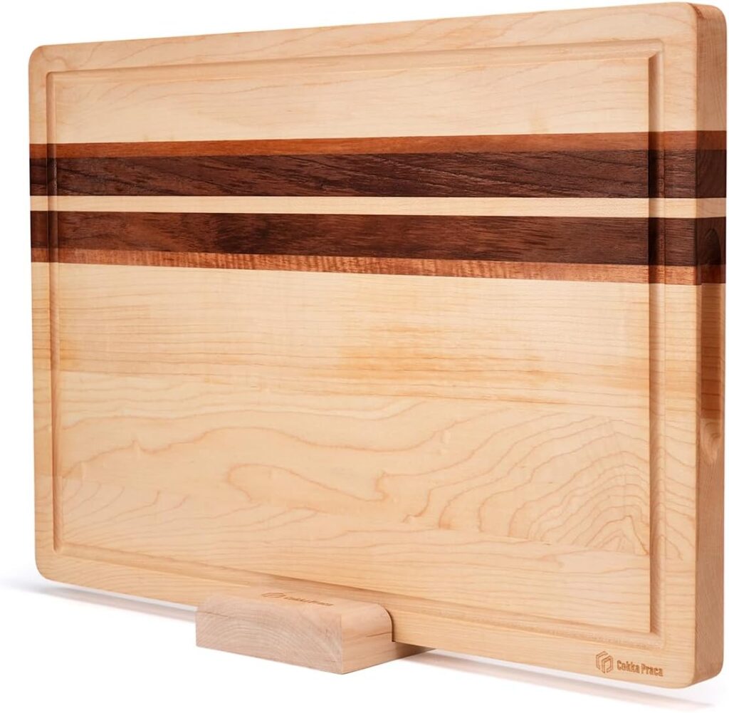 Large (16.9″L x 11.8″W x 1″Th) Hard Maple Wood Cutting Board for Kitchen-Wood Cutting Board with Holder for Meal Prep, Reversible Charcuterie Wooden Board, Sturdy, Space-saving Design