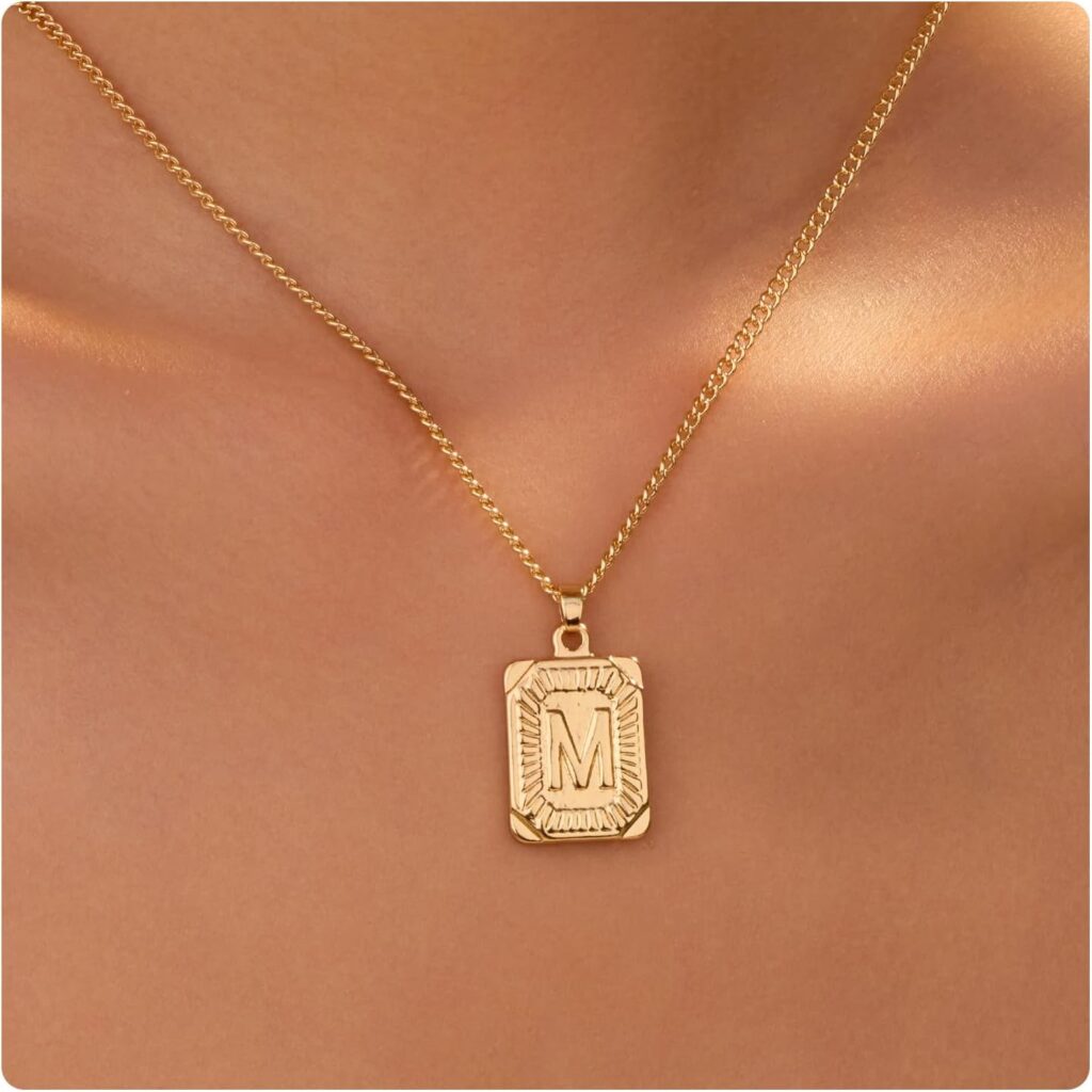 1 PCS Rectangle Initial Necklace for Women, Gold Plated Letter Pendant Chain Necklaces, Classic Delicate Jewelry for Wedding, Appointment, Party, Everyday Wear or Any Occasions