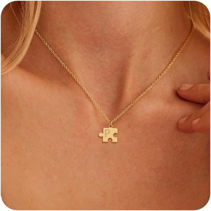 Initial Necklaces for Women Trendy, 14K Gold Plated Puzzle Name Necklace Dainty A-Z Personalized Pendant Gold Friendship Necklaces Birthday Gifts for Women Jewelry