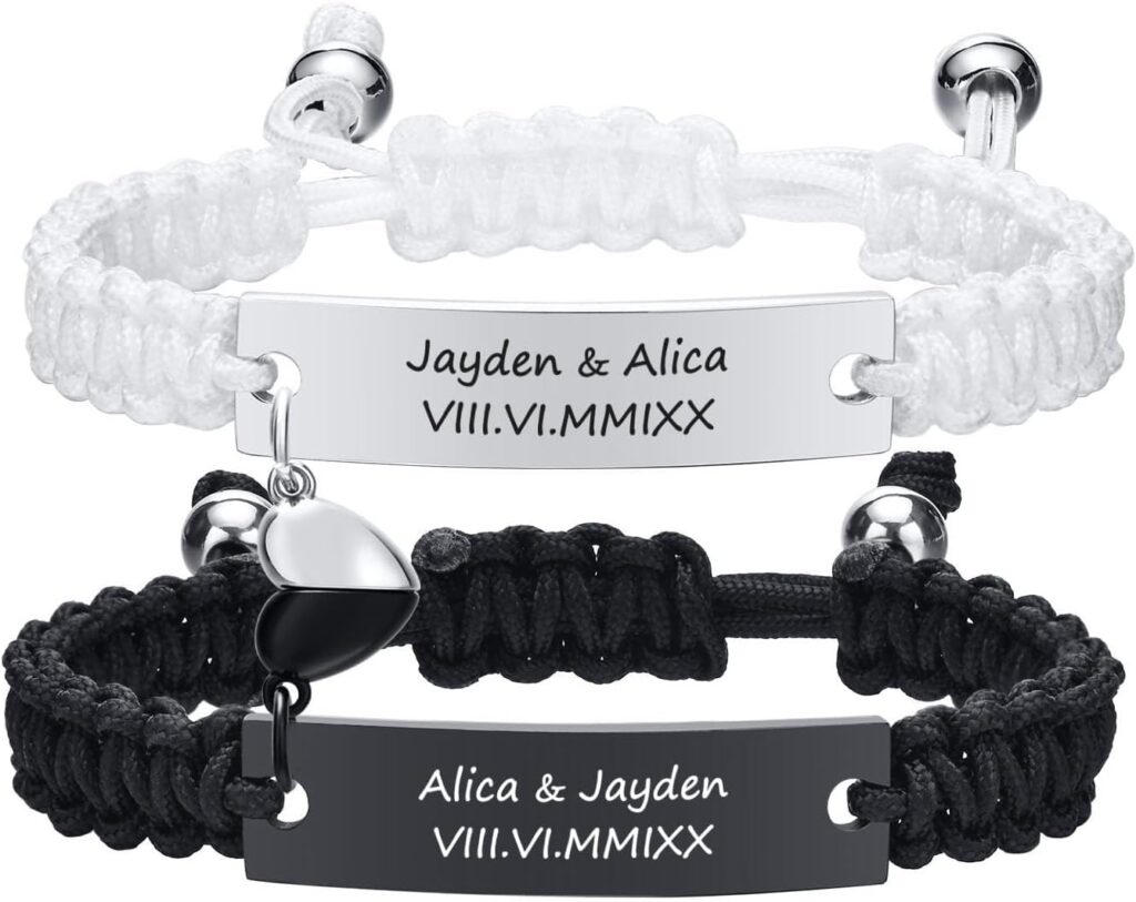 Personalized Couple Bracelets for Men Women : Handmade Custom Engraved Name Plate ID Bracelet Braided Rope His Hers Matching Bracelets for Him Her Bf gf,Valentines Day Gifts for Boyfriend Husband Wife