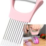Pink Stainless Steel Onion Holder for Slicing,Onion Slicer Holder, Onion Cutter for Slicing of Onions, Tomatoes,Avocados,Eggs and Other Vegetables,Valentine’s Day Gift Kitchen Utensils (Pink)