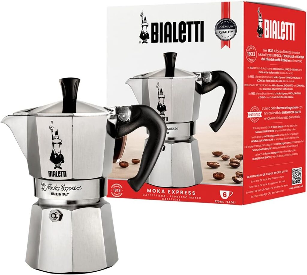Bialetti Moka Express Iconic Italian Stovetop Espresso Maker (Natural Silver, 6 Cups)