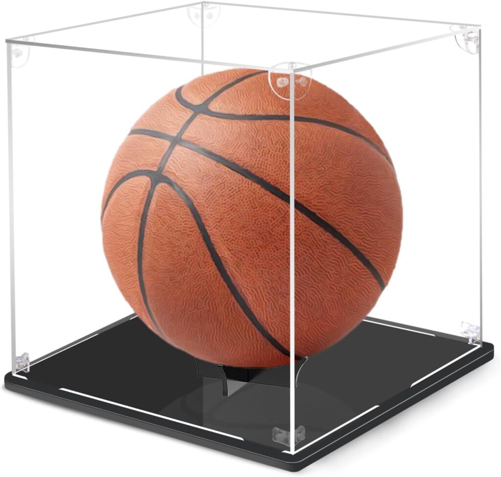 Basketball Display Case, UV Protected Clear Acrylic Box for Showcasing Autographed Standard NBA WNBA Ball Memorabilia, Complete with Black Ball Stand, Ideal for Collectibles and Memorabilia Display