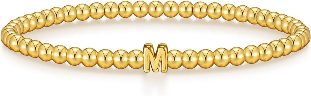 Wowshow Gold Bracelets for Women Stretch Initial Beaded Bracelets 18K Gold Plated with A-Z Letter Charm Jewelry Gifts for Mother Birthday