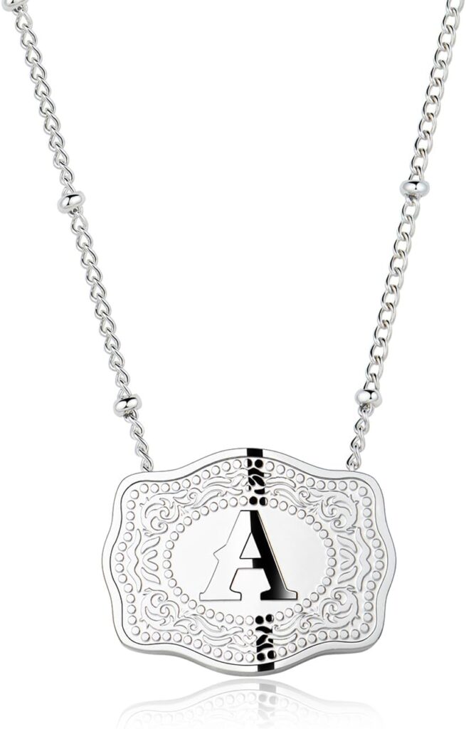 Rhodium-Plated Initial Letter Pendant Necklace with Embossed Belt Buckle, Western Cowgirl Initial Necklace for Women, Buy 1 Get 2 Chains, Personalized Jewelry Gift for Women and Men