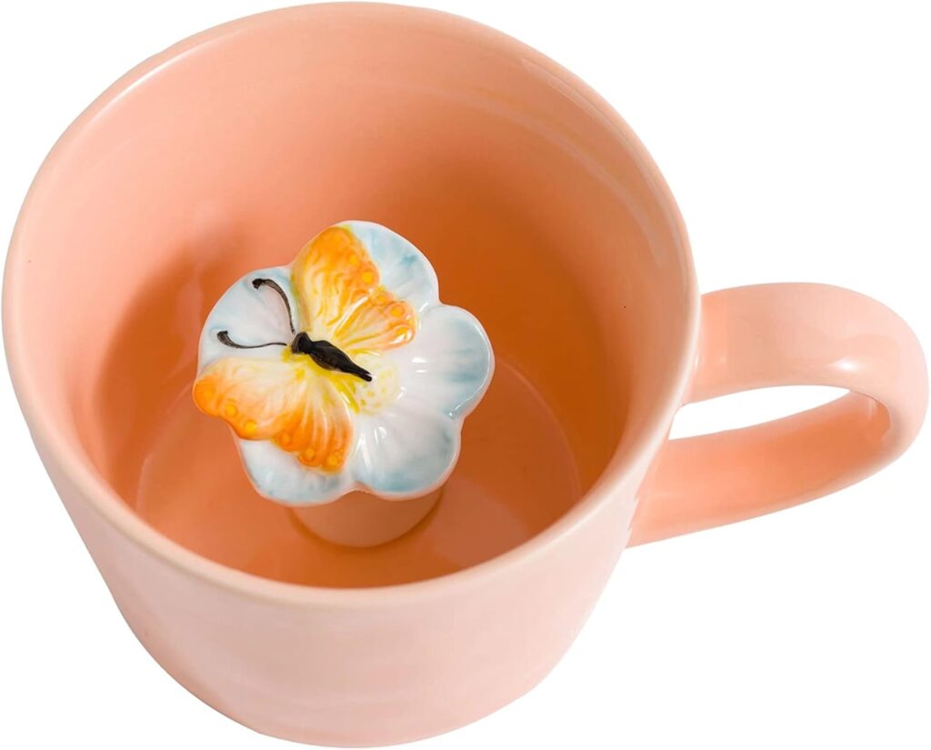 DIHOclub Ceramic Butterfly Cup Hidden 3D Animal Inside Mug,Garden series Handmade Figurine Butterfly Mugs 12OZ(light pink)