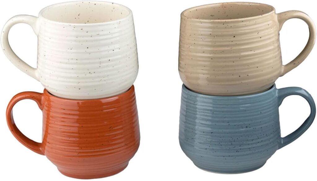 Sango 17.5 oz Stoneware Coffee Mugs Set of 4, Rustic Ceramic Mug with Speckled Reactive Glaze, Large Pottery Drinkware for Coffee or Tea, Dishwasher & Microwave Safe Mugs, Siterra Painter’s Palette