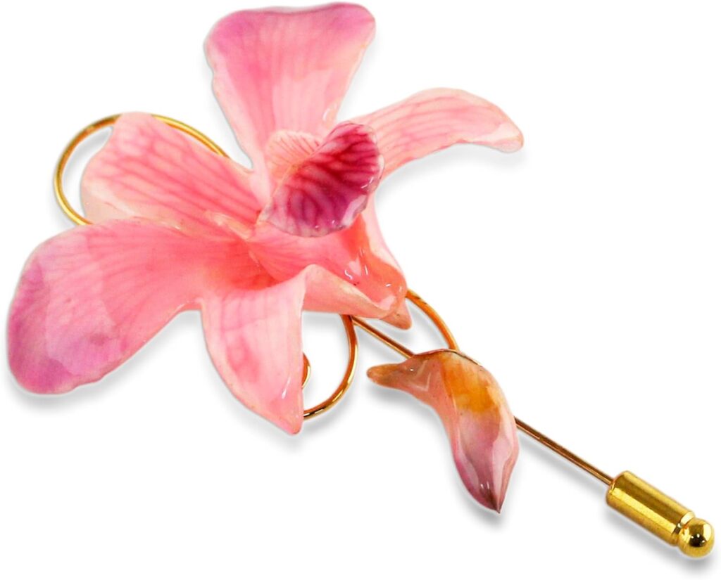 NOVICA Handmade Gold Plated Pin | Artisan Crafted Brooch | Natural Flower Design | Gold Plated Dendrobium Orchid | Long Needle | Suit Coat Accessory | Thailand Floral | Eternal Orchid 3″L x 1.8″W x