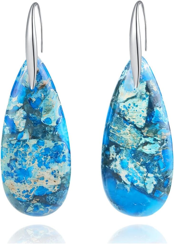 Natural Healing Stone Earrings for Women Girls Unique Boho Handmade Imperial Jasper Stone Teardrop Leaf Gemstone Dangle Drop Statement Earrings Birthday Party Jewelry Gift