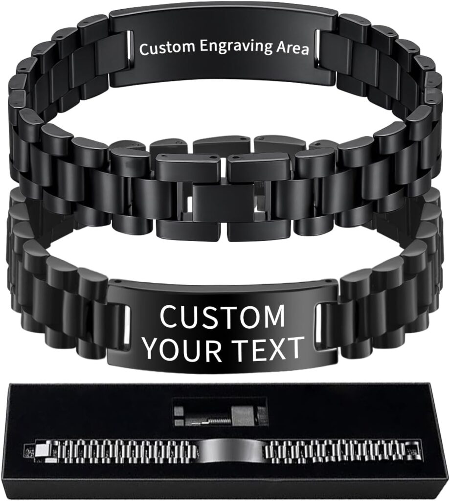 Personalized Engraved Black Bracelet for Men– Custom Laser Engraving on Both Sides, Waterproof Stainless Steel, Adjustable Fit