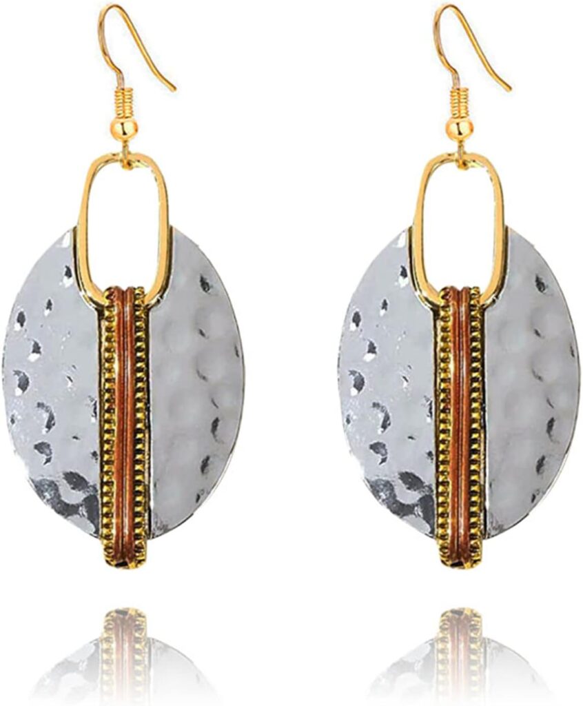 MALOYANVE Handmade Boho Hammered Earring for Women Unique Chic Trendy Vintage Bohemian Ethnic Classic Texture Lightweight Oval Dangle Drop Statement Earrings Jewelry Gifts