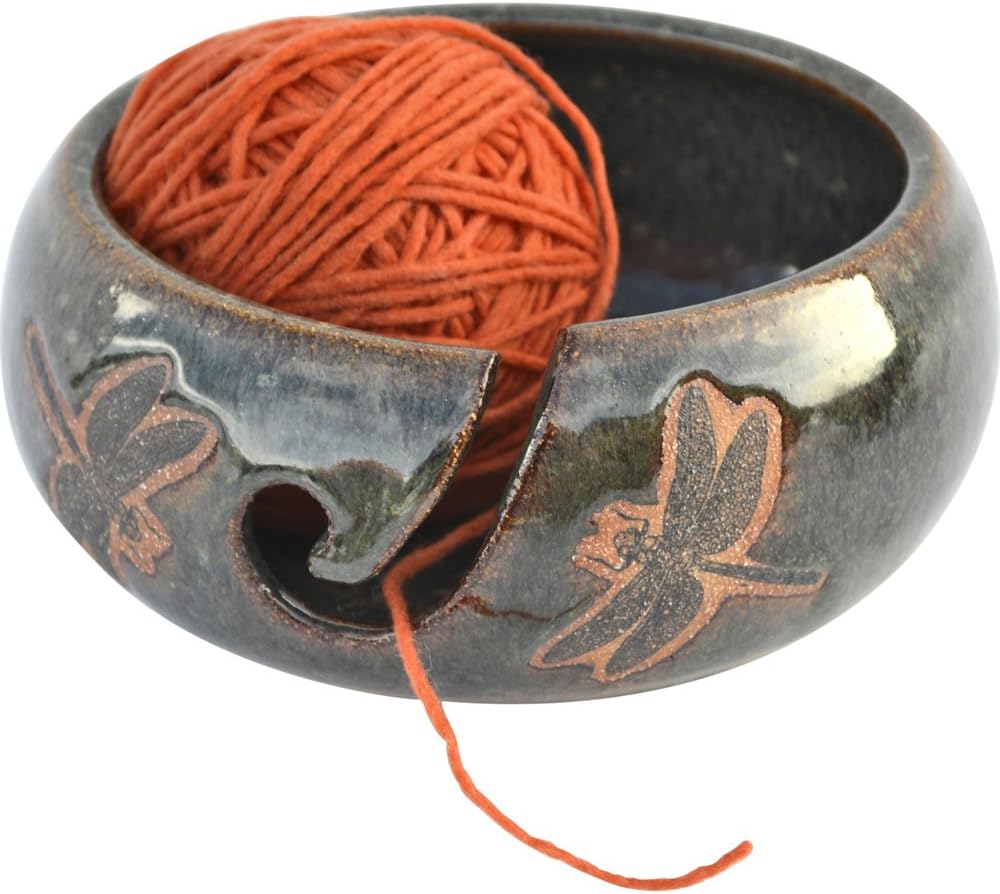 ALWAYS AZUL POTTERY Dragonfly Yarn Bowl in Seamist Glaze – Handmade Ceramic Pottery Yarn Bowl – Knitting & Crochet Yarn Holder – Artisan Glazed Pottery- Wool Bowl Great for Knitters