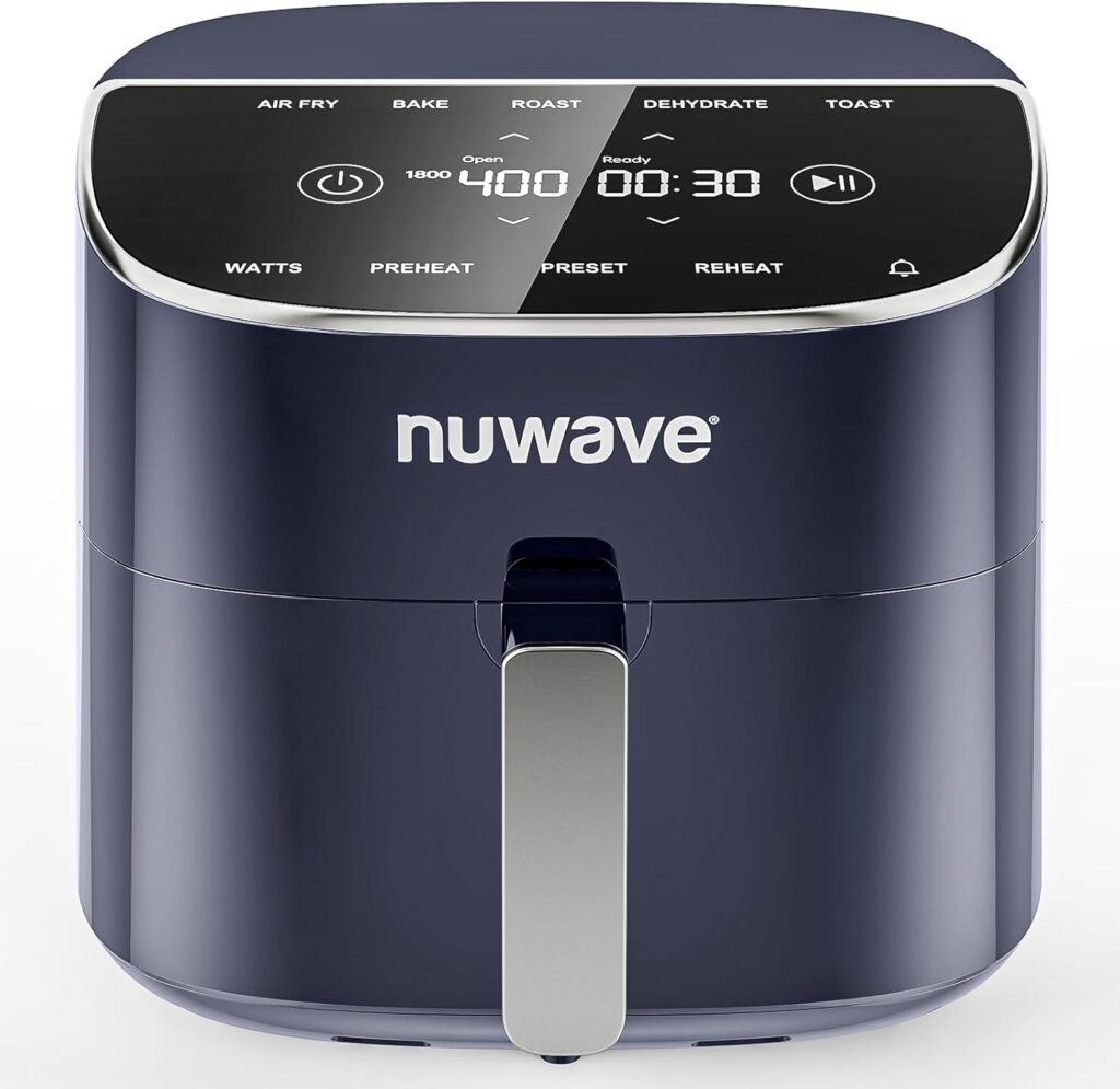 Nuwave Brio Plus 8 Qt Air Fryer, PFAS Free, New & Improved, Digital Touch Screen, Cool White Display, 50°F~400°F in Precise 5°, 5 Cook Functions, 100 Presets & 50 Memory, 3 Wattages 700, 1500, 1800
