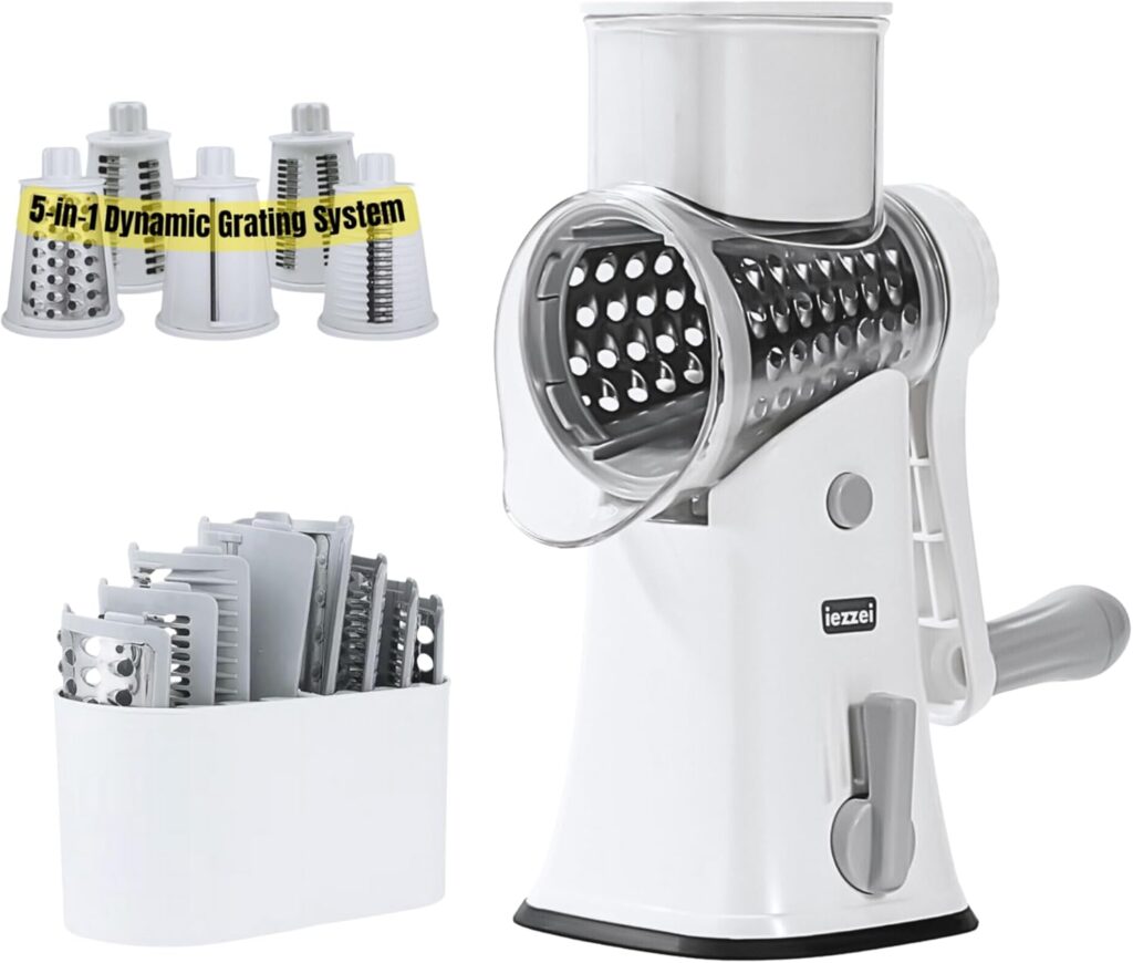 Rotary Cheese Grater – Vegetable Slicer Hand Crank, Fruit Cutter, Carrot Shredder, Nuts Grinder with 5 Stainless Steel Blades – Safe & Strong Suction Base with Handle