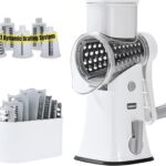 Rotary Cheese Grater – Vegetable Slicer Hand Crank, Fruit Cutter, Carrot Shredder, Nuts Grinder with 5 Stainless Steel Blades – Safe & Strong Suction Base with Handle