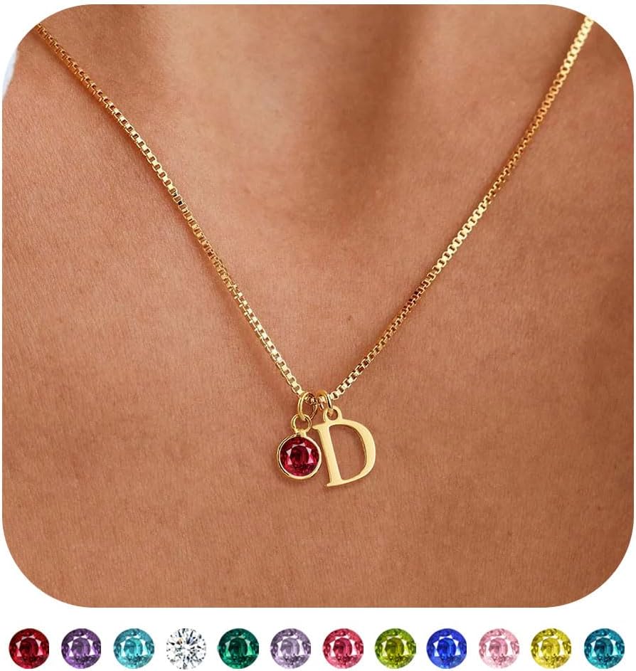 WFYOU Initial Birthstone Necklaces for Women Trendy 14K Gold Plated Letter A-Z initial Necklace Dainty Initial Birthstone Pendant Name Necklace Personalized Birthday Christmas Gifts for Women Jewelry