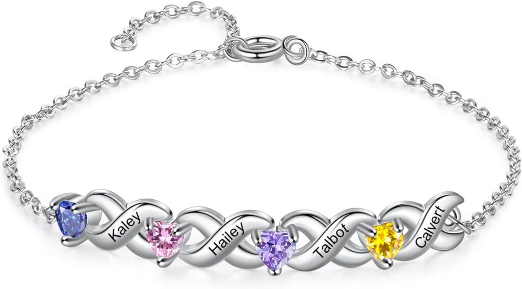 Personalized Custom Name Heart Bracelet with 1-6 Birthstone Bracelets for Women Engraved Family Names Link Bracelets for Mother’s Day Mom Daughter