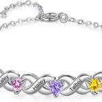 Personalized Custom Name Heart Bracelet with 1-6 Birthstone Bracelets for Women Engraved Family Names Link Bracelets for Mother’s Day Mom Daughter