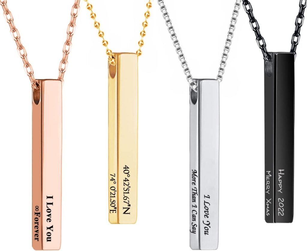Personalized 4 Sided Vertical Bar Necklace Custom Text Engraved 3D Bar Pendant Stainless Steel Coordinate Jewelry for Couples