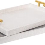 Modern Elegant Large Wood Serving Tray, Set of 2 Pearl White Crocodile Leather with Gold Polished Metal Handles, Home Decorative Rectangle Ottoman Platter Living Room Bathroom Vanity Tray