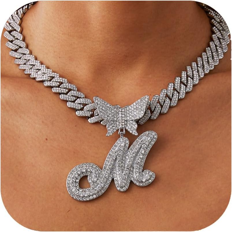 Silver Cuban Link Chain for Women 14k Gold Plated Letter Necklace Initial Custom Chain Name Necklaces Personalized Necklace Iced Out Chains Pendants Bling Necklaces Hip Hop Jewelry for Women