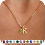 WFYOU Initial Birthstone Necklaces for Women Trendy 14K Gold Plated Letter A-Z initial Necklace Dainty Initial Birthstone Pendant Name Necklace Personalized Birthday Christmas Gifts for Women Jewelry