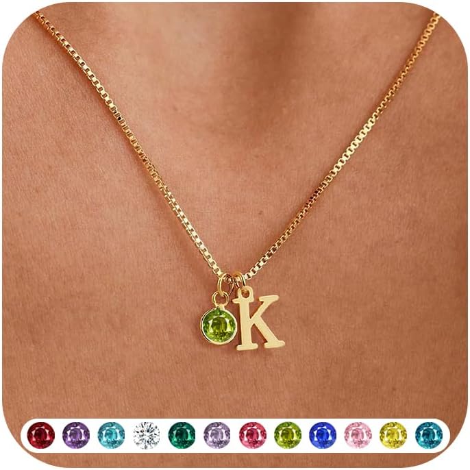 WFYOU Initial Birthstone Necklaces for Women Trendy 14K Gold Plated Letter A-Z initial Necklace Dainty Initial Birthstone Pendant Name Necklace Personalized Birthday Christmas Gifts for Women Jewelry