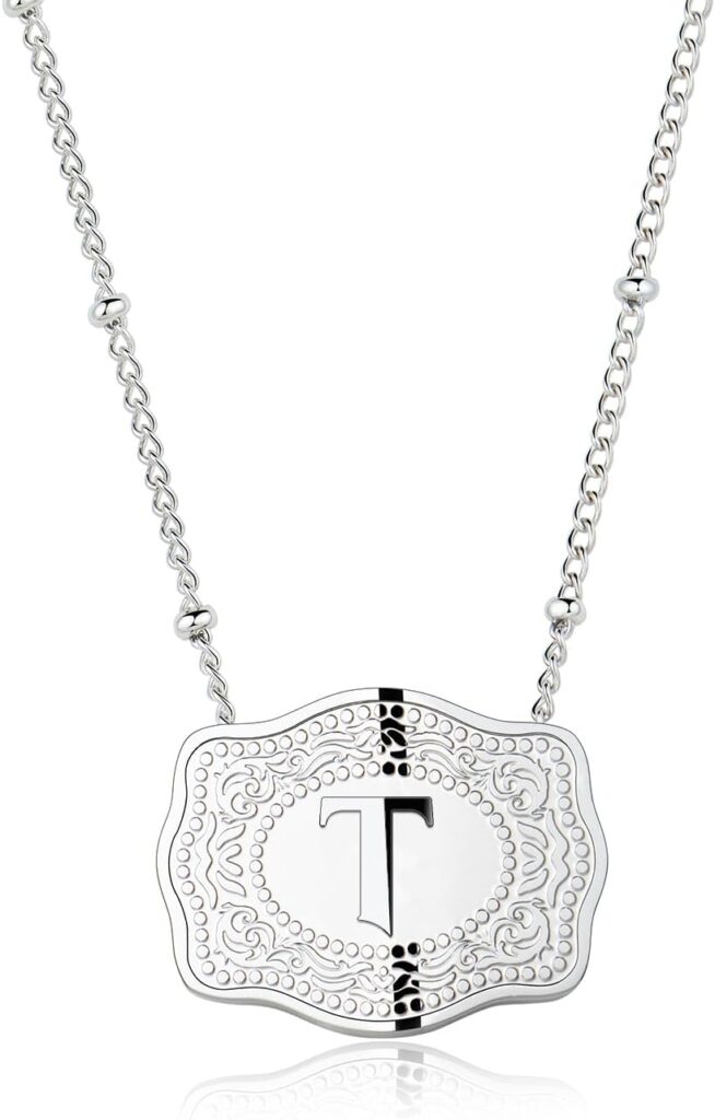Rhodium-Plated Initial Letter Pendant Necklace with Embossed Belt Buckle, Western Cowgirl Initial Necklace for Women, Buy 1 Get 2 Chains, Personalized Jewelry Gift for Women and Men