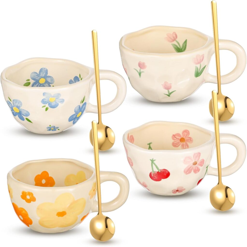 4 Styles Cute Spring Ceramic Flower Coffee Mug Set 8.5 oz Vintage Aesthetic Porcelain Floral Tea Coffee Cup with Handle Dishwasher Microwave Safe for Mother’s Day Easter Gift for Women