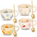 4 Styles Cute Spring Ceramic Flower Coffee Mug Set 8.5 oz Vintage Aesthetic Porcelain Floral Tea Coffee Cup with Handle Dishwasher Microwave Safe for Mother’s Day Easter Gift for Women