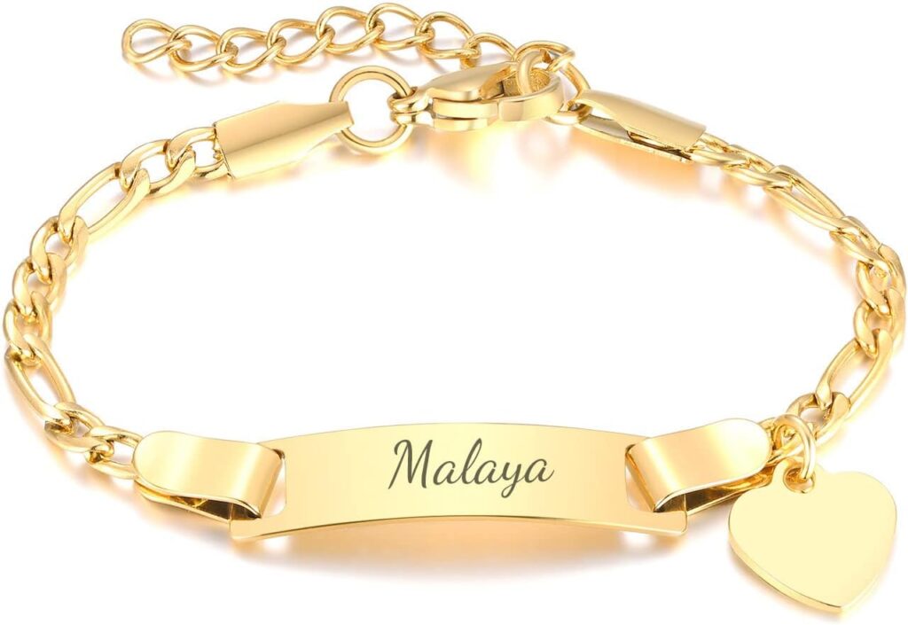 MEALGUET Personalized Child ID Bracelet : 18K Gold Plated Stainless Steel Custom Name ID Plate Bar Bracelet for Children Toddler from Mom, Engraved Kid Name for Daughter Son,Customized Birthday Gift