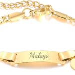 MEALGUET Personalized Child ID Bracelet : 18K Gold Plated Stainless Steel Custom Name ID Plate Bar Bracelet for Children Toddler from Mom, Engraved Kid Name for Daughter Son,Customized Birthday Gift