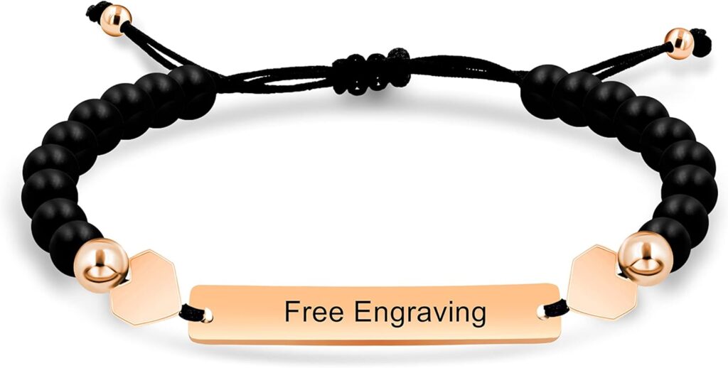 Unisex Handmade Personalized Name Identification Bracelet for Women Mom, Custom Braided Black Matte Agate Beads ID Bracelet for Mother Best Friends Bracelet Gift Y1451