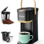 Single Serve One Cup Coffee Maker, for K Cups and Grounds, Mini Coffee Maker with Portable Handle, 6 to 12 Oz Brew Size, for Travel, Camping, Office, RV and Dorm, 120V, Black and Gold